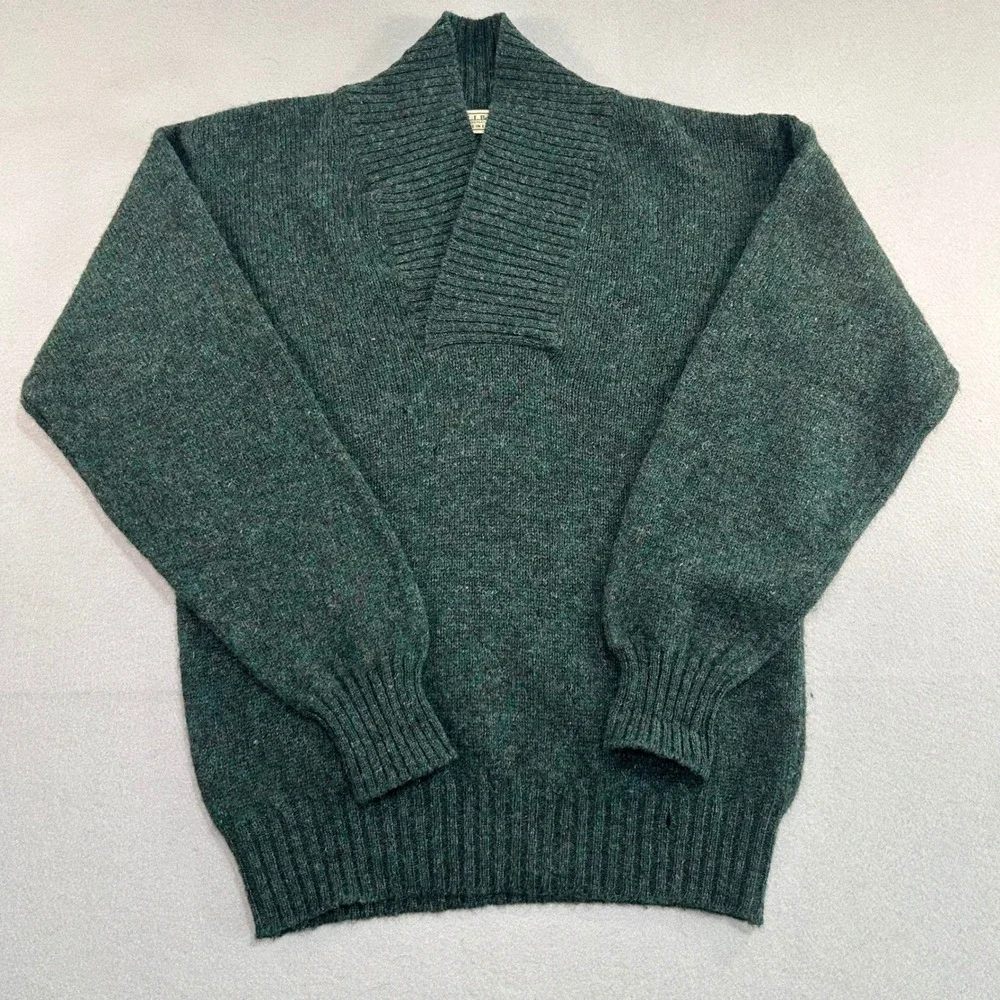LL Bean Sweater Mens Large Green Shetland Wool Shawl Collar Made in England Vtg